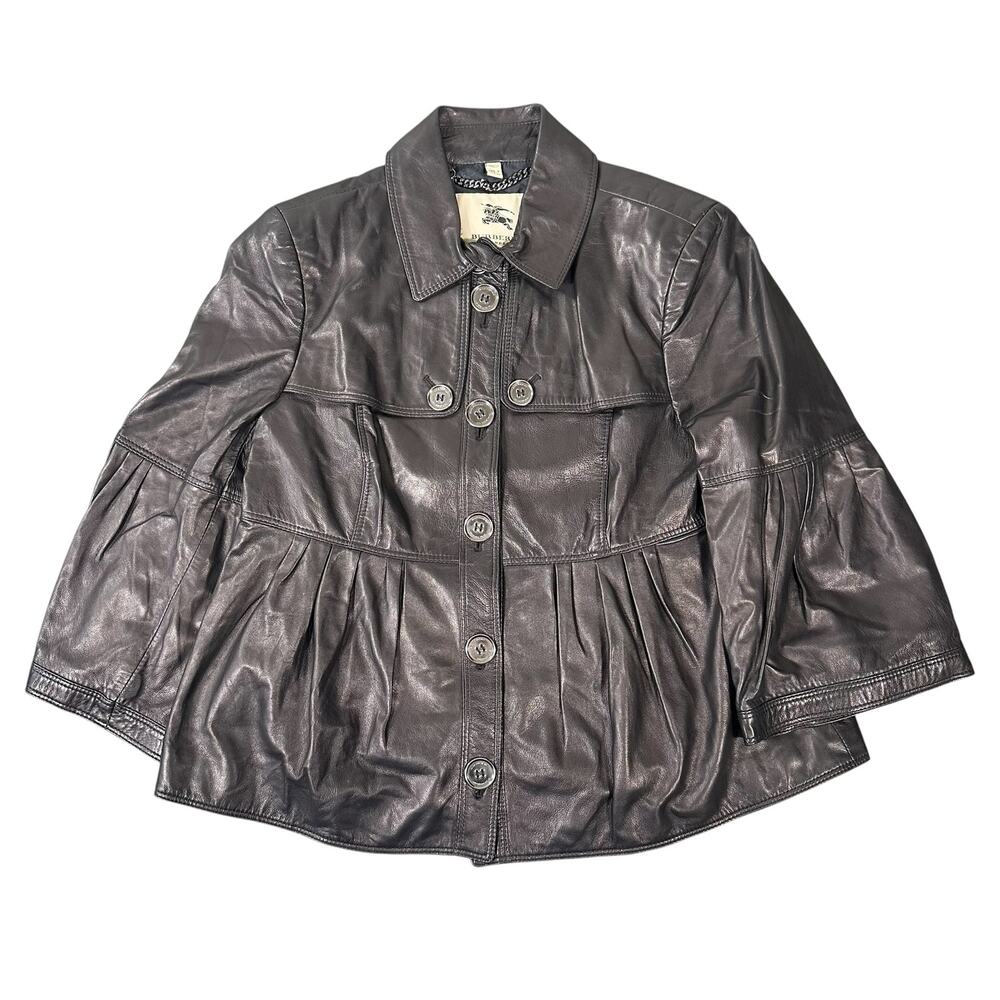 Burberry London Women's 100% Lambskin Leather Peplum Jacket Black Size 8